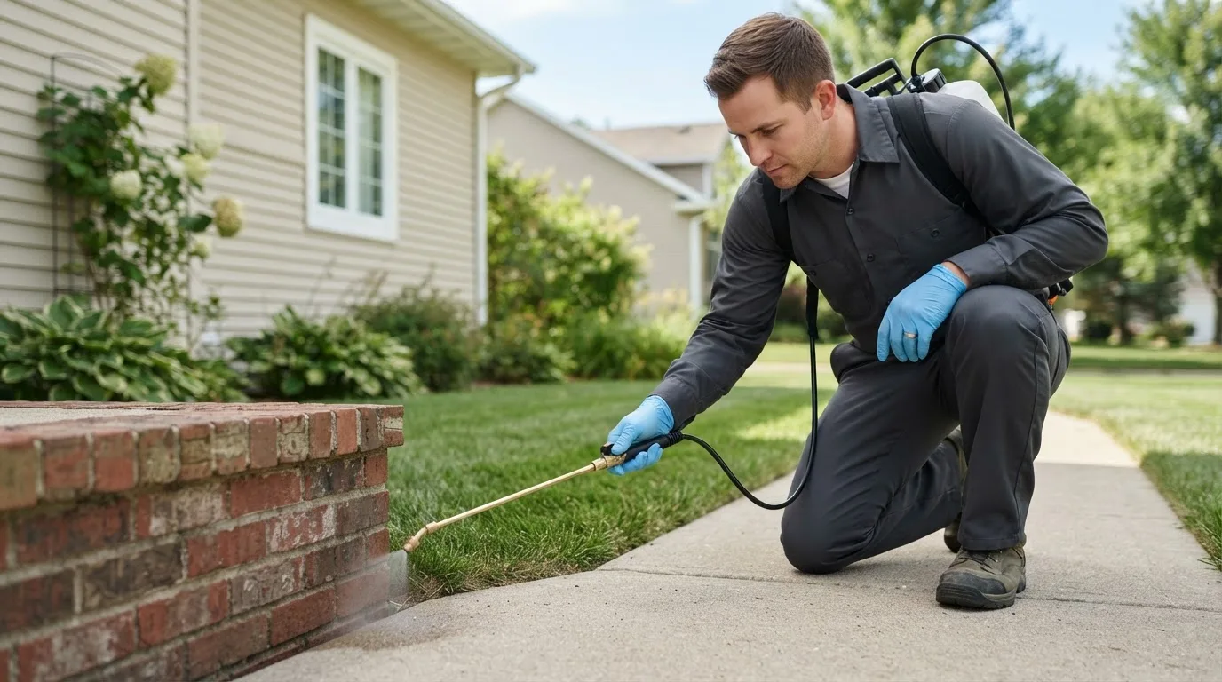 Pest control technician treating a home near Kaleva, MI