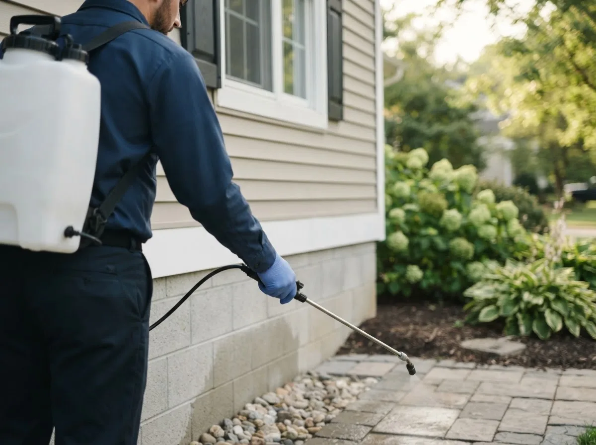 Pest control technician inspecting a home in Kaleva, MI